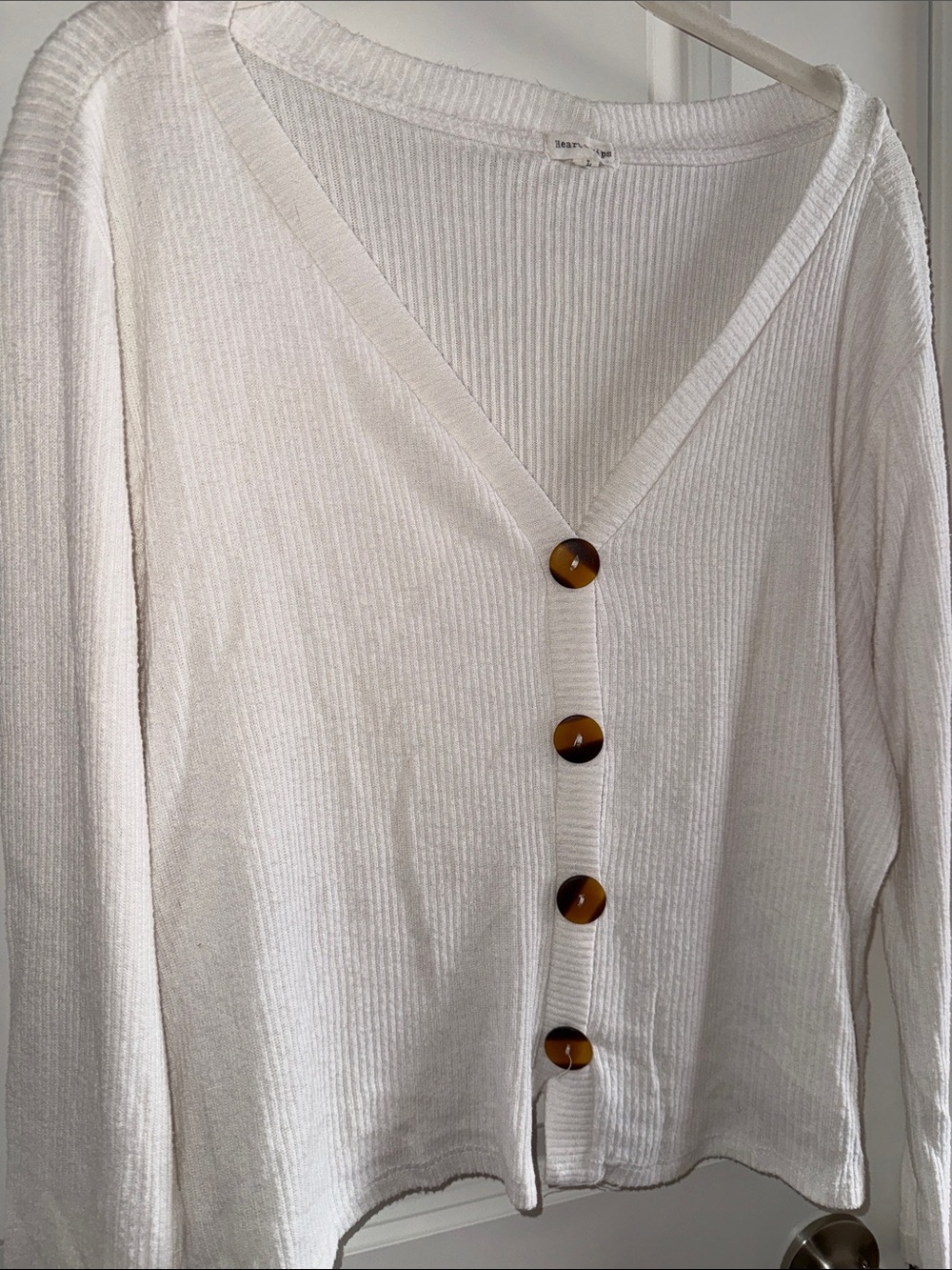 Heart & Hips Cream Ribbed V-Neck Button Top - Picture 6 of 7